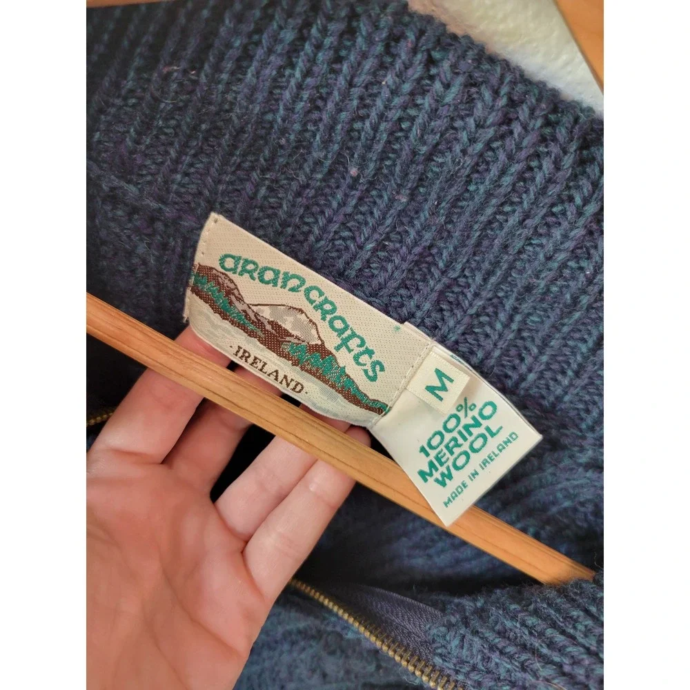 Aran Crafts Ireland Merino Wool Cable Knit Quarter Zip Sweater Blue Size M
